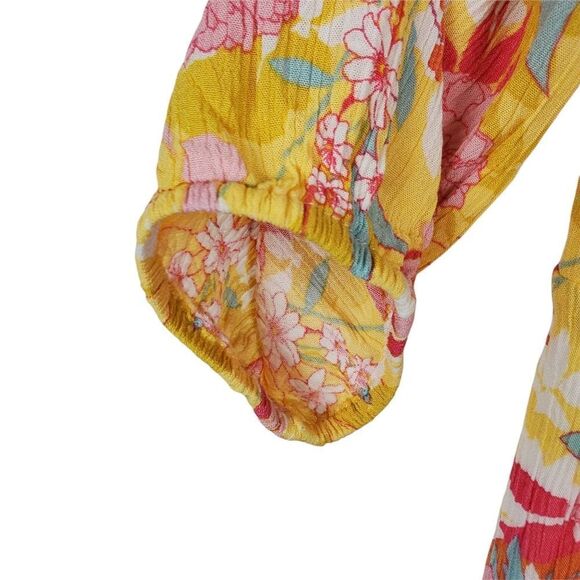 Torrid 14677924 PEACH FLORAL GAUZE HI-LO DRESS Shirred Embroidered Button V Neck - Picture 8 of 12